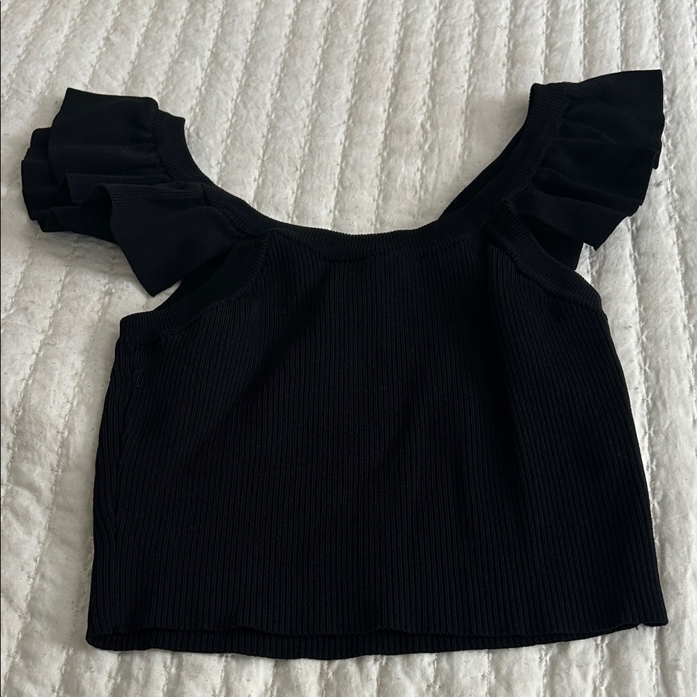 Black Ruffle Sleeve Crop Top - Women